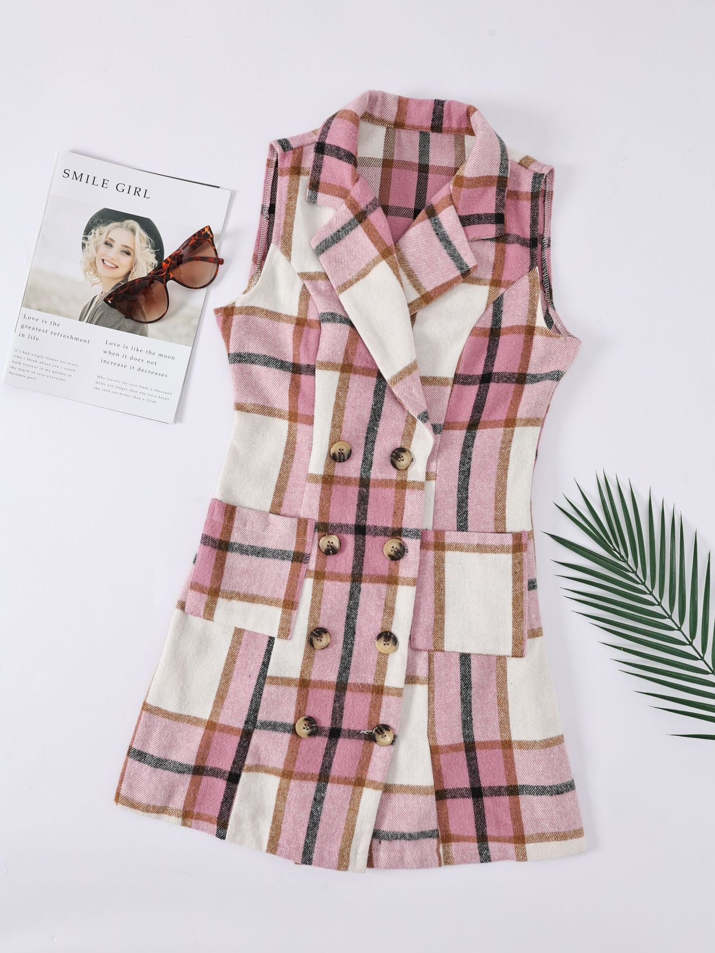 Women's Fashion Plaid Long Vest Turndown Collar Sleeveless Blazer 20