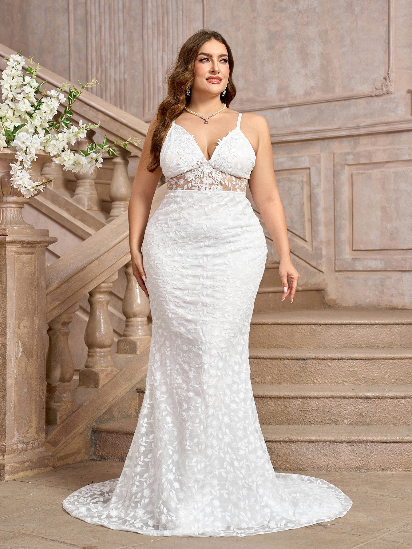 Plus Size Women Sexy White Suspender V-Neck Trailing Wedding Dress 5
