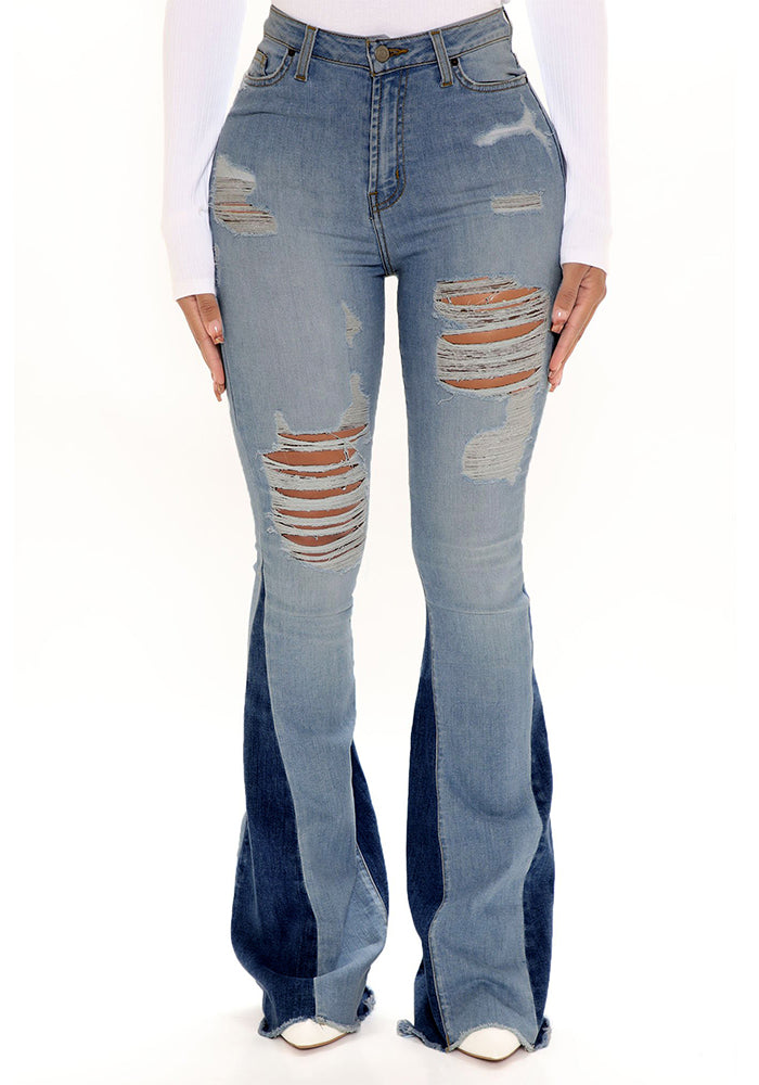 Women Casual Ripped Washed Bell Bottom Denim Pants