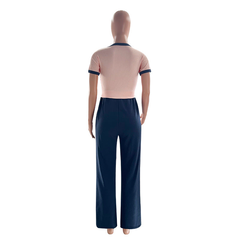 Women's Summer Color-Blocked Round Neck Short Sleeve Casual Pants Set 15
