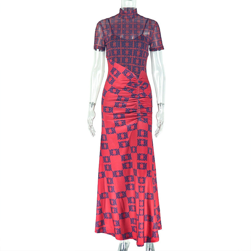 Slim Waist Women's See-Through Mesh Patchwork Pleated Printed High Neck Long Dress 8