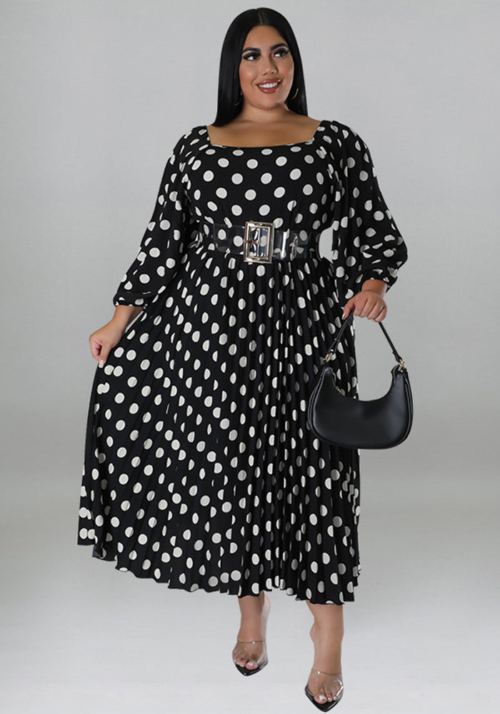 Plus Size Women'S Polka Dot Print Long Sleeve Pleated Dress With Belt 8