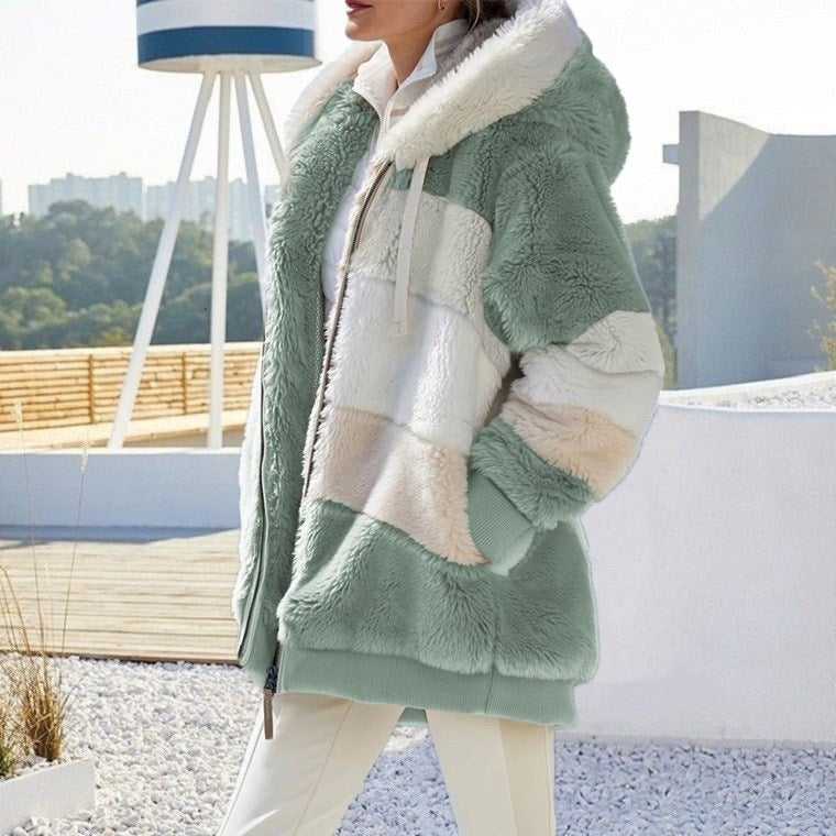 Autumn And Winter Warm Plush Patchwork Zipper Pocket Hooded Loose Coat For Women 5