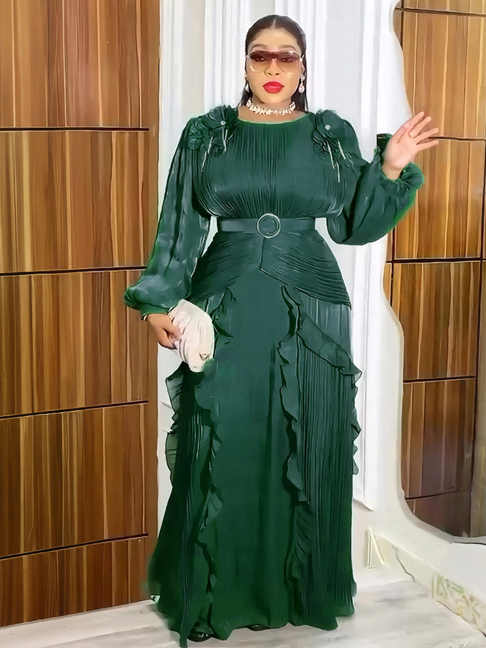 Plus Size African Women Floral Pleated Long-Sleeve Dress 6