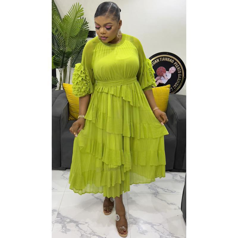 Plus Size African Women pleated Bell Bottom sleeve dress 4