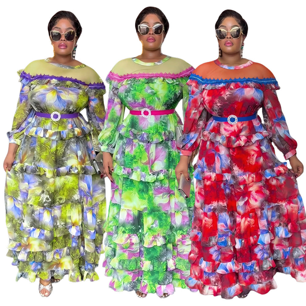 Plus-size African Women ruffled print beaded belt dress 5