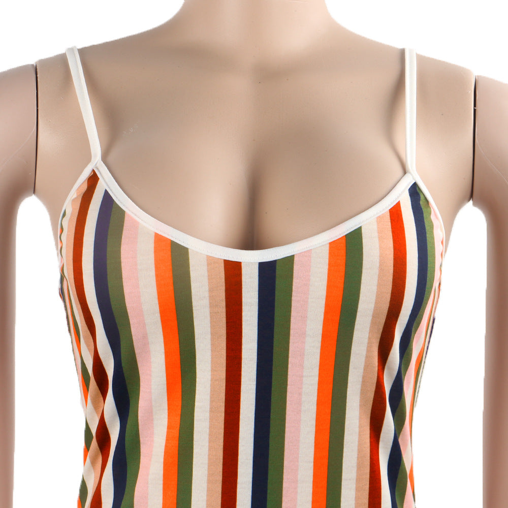 Women sexy striped Backless suspender slit dress 9