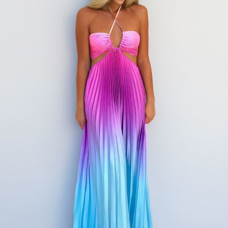 Women summer gradient Halter Neck pleated beach Holidays Maxi Dress 13