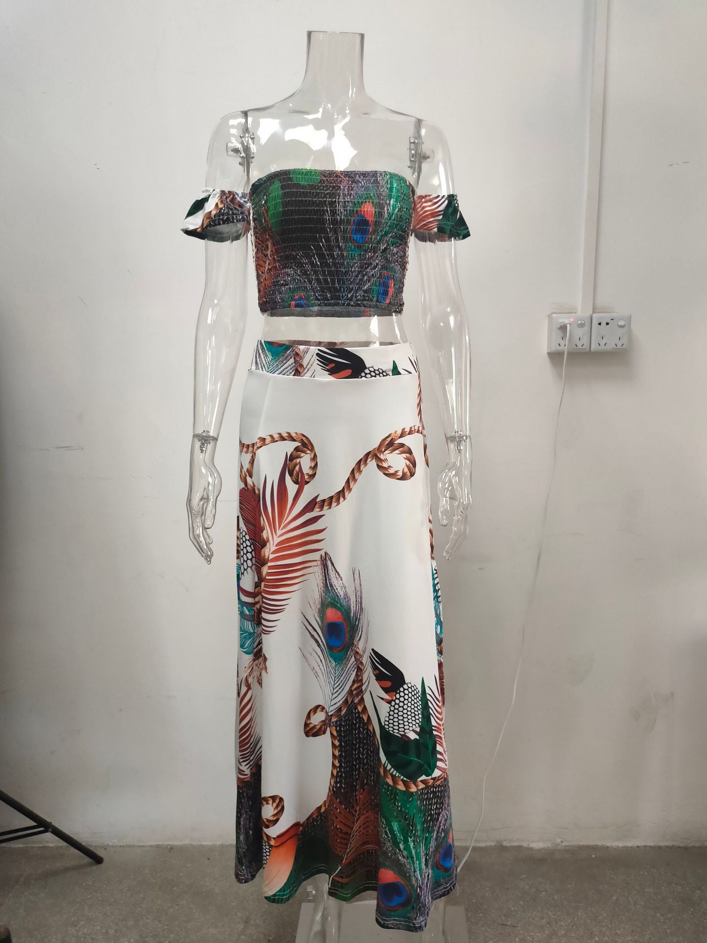 Women Summer French Bohemian Print Strapless Top and Skirt Two-Piece Set 45