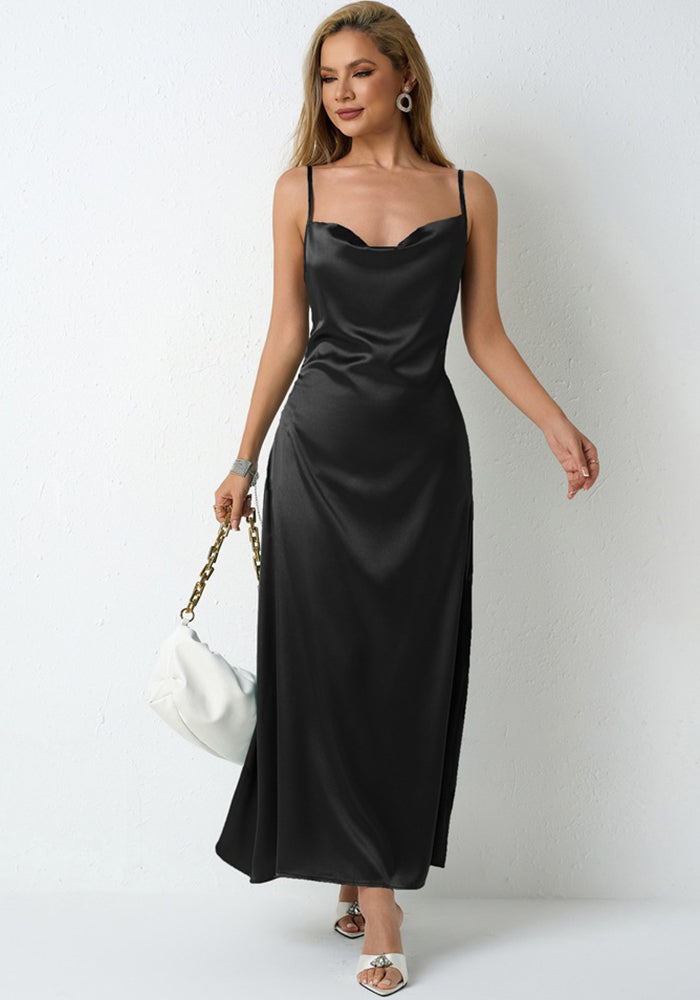 Women Pleated Sleeveless Satin Dress