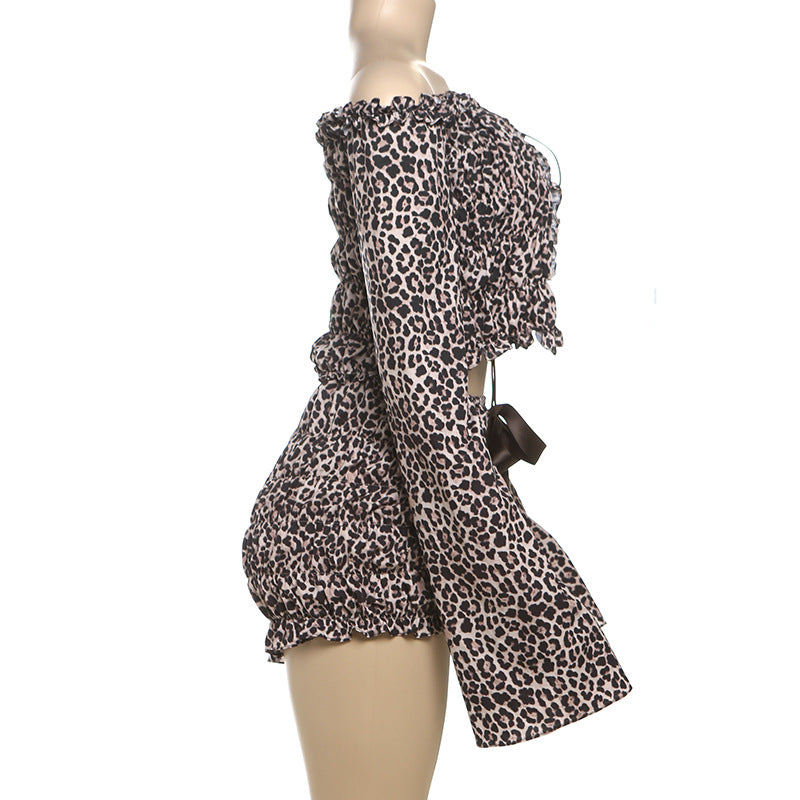 Women Sexy Lace Leopard Long Sleeve Top And Pleated Shorts Two-piece Set 7