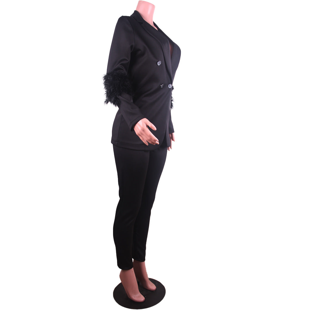 Fall Women Feather Blazer and Pant Two Piece 13