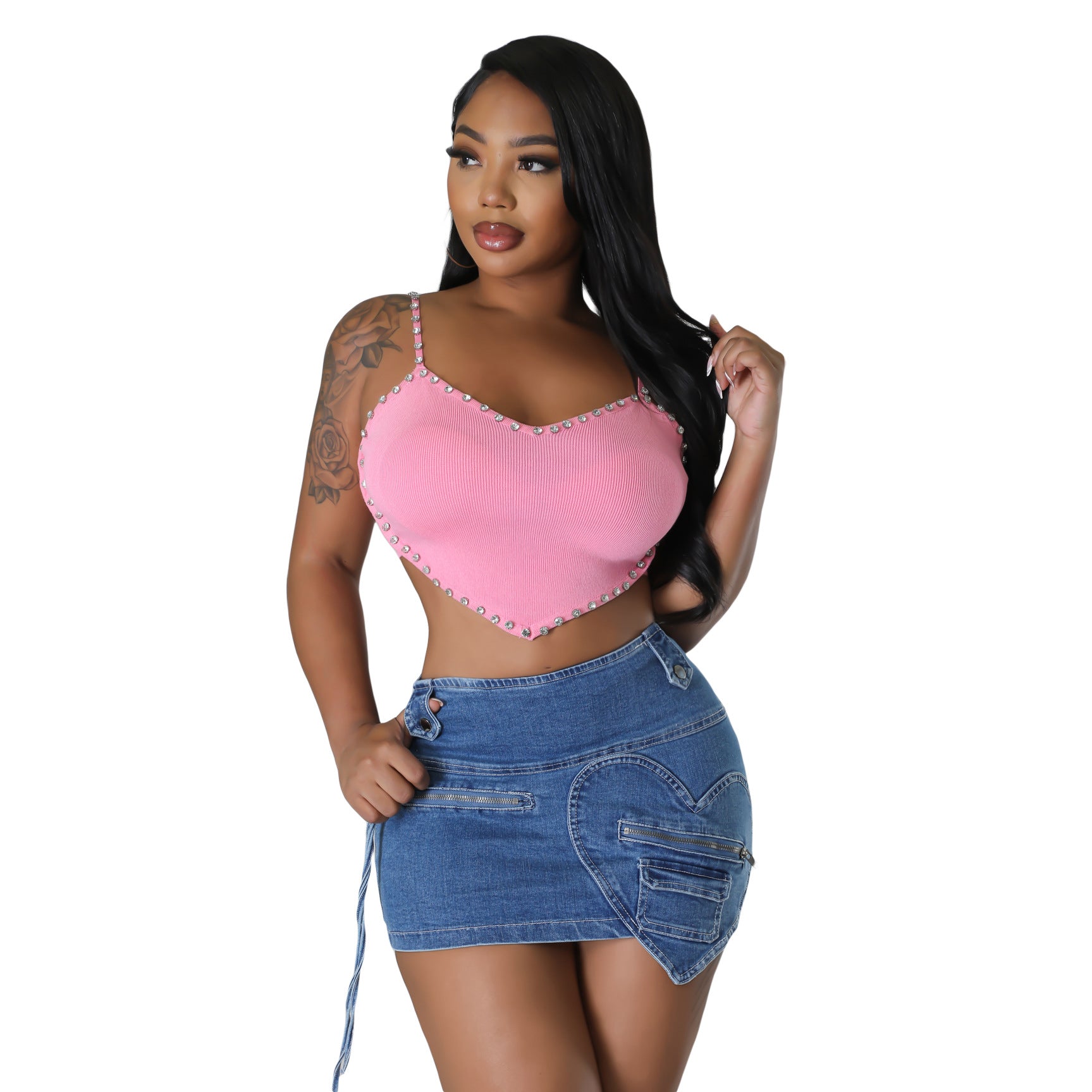 Women Sexy Heart Print Pocket Denim Bodycon Mini Skirt 5