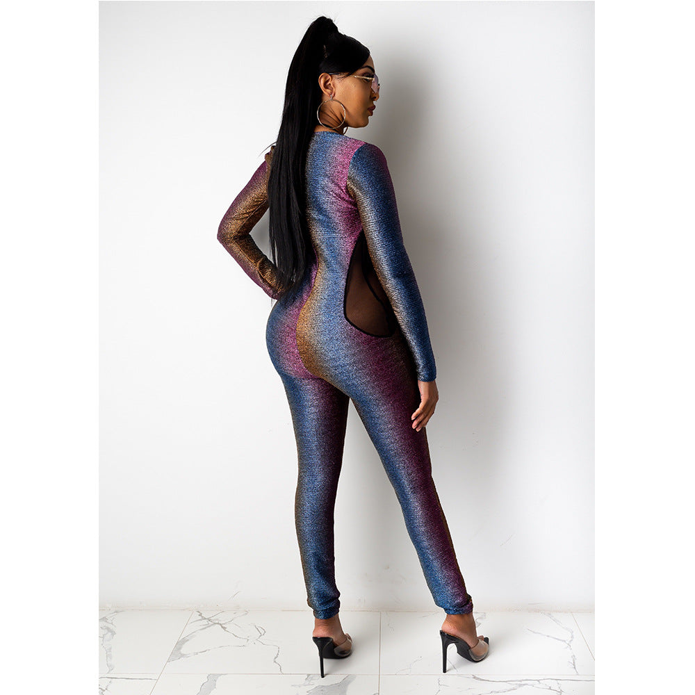 Women's Zipper Sexy Mesh Patchwork Jumpsuit