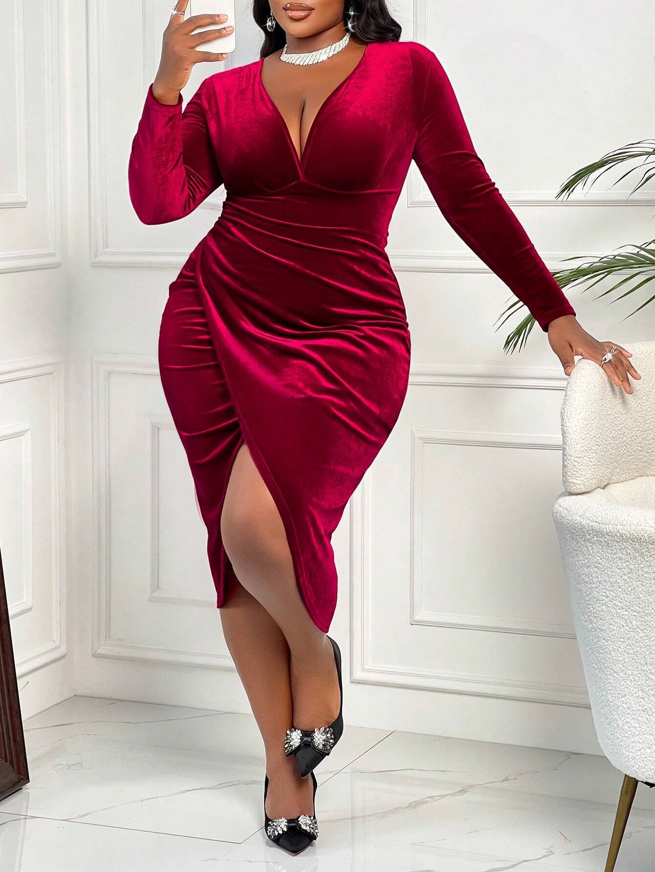Autumn And Winter Women's Sexy V-Neck Burgundy Midi Dress 3