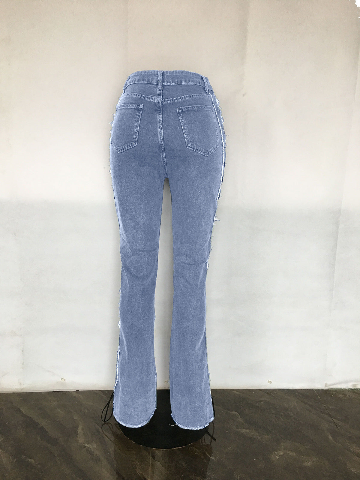 Stretch Jeans Women Frayed Fashion Bell Bottom Washed Ripped Denim Pants 7