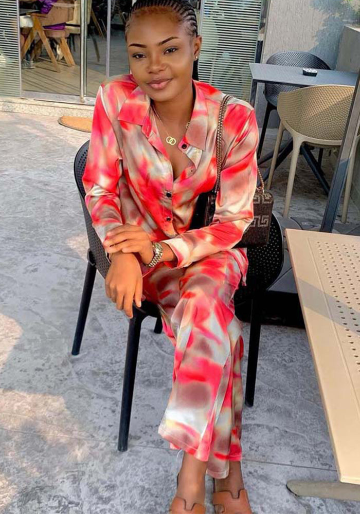 Long-Sleeved Gradient Print Shirt & Wide-Leg Pants African Women's Two-Piece Set