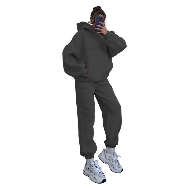 Women Solid Hoodies and Pant Casual Two-piece Set 19