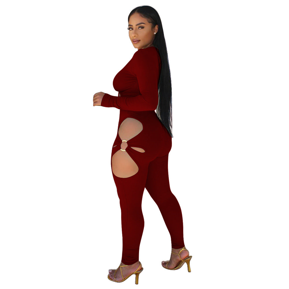 Fashionable Women's Solid Color High-Stretch Ribbed Sexy V-Neck Two-Piece Pants Set 26