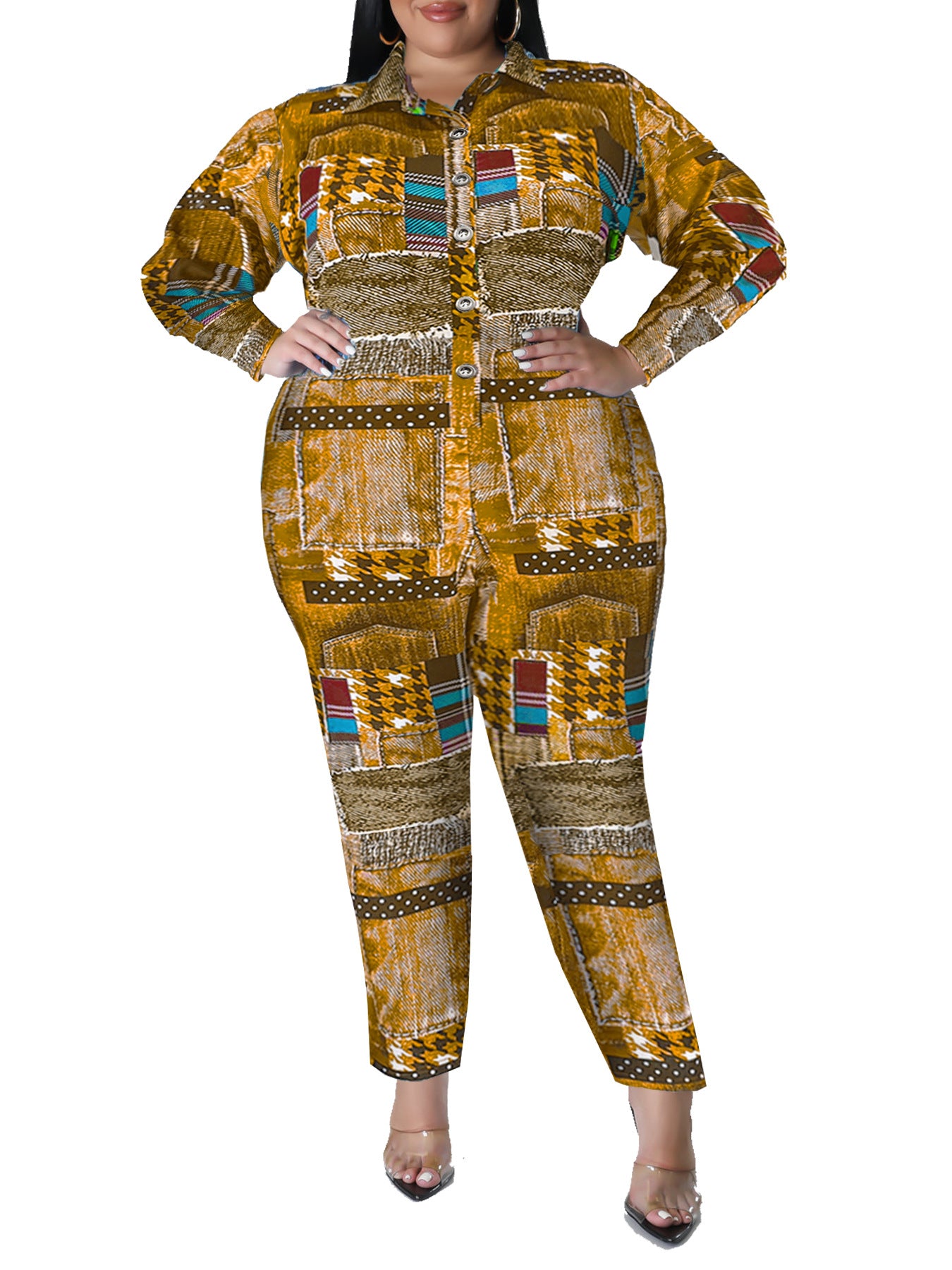 Plus Size Women's Fall Print Long Sleeve Jumpsuit 14