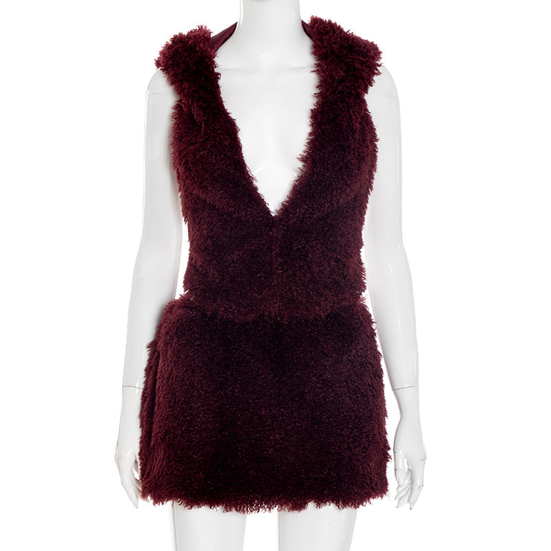 Women's Faux Fur U-Neck Hooded Low Back Top & Skirt Two-Piece Set 9