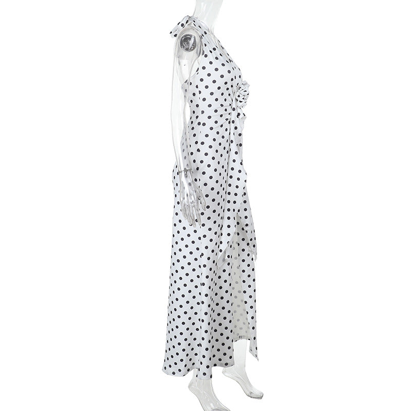 Summer Chic Polka Dot Sleeveless Halter Neck Slim Long Dress 8