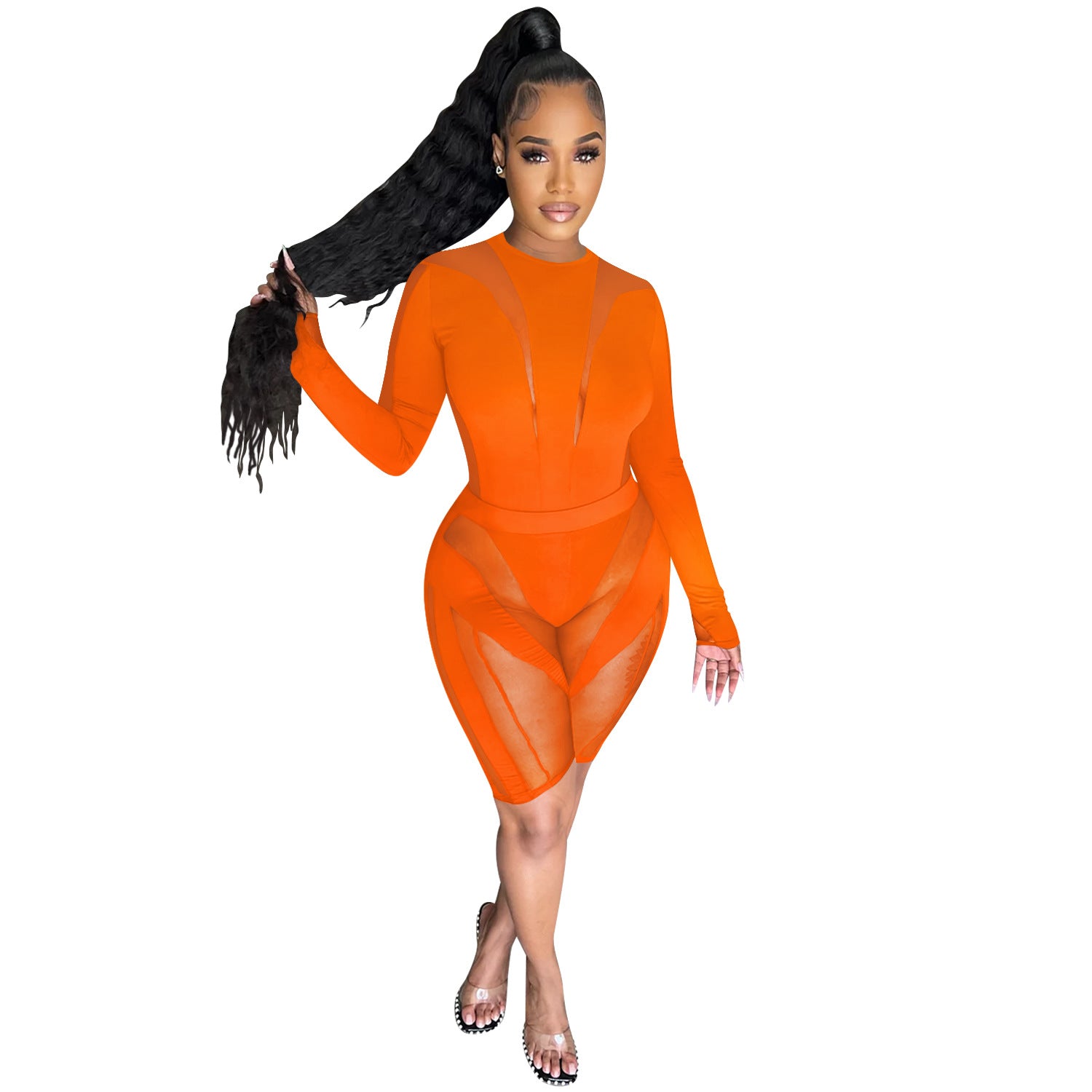 Women's Fashion Mesh See-Through Round Neck Shorts Long Sleeve Two Piece 4