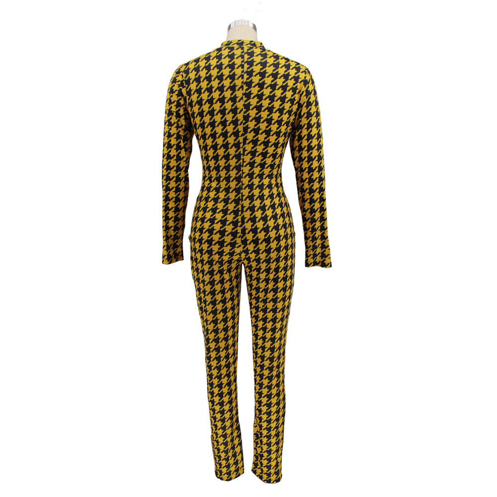 Spring Women's Plaid Print Round Neck Zipper Casual Jumpsuit 13