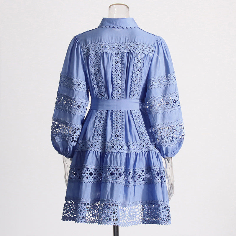 Women's Summer Chic Long Sleeve Hollow Belt Slim Waist Short Dress 10