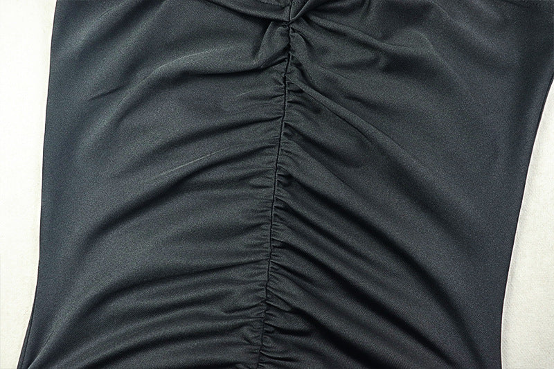 Elegant Women's Pleated Solid Color Bodycon Slim High Neck Short-Sleeve Long Dress 17