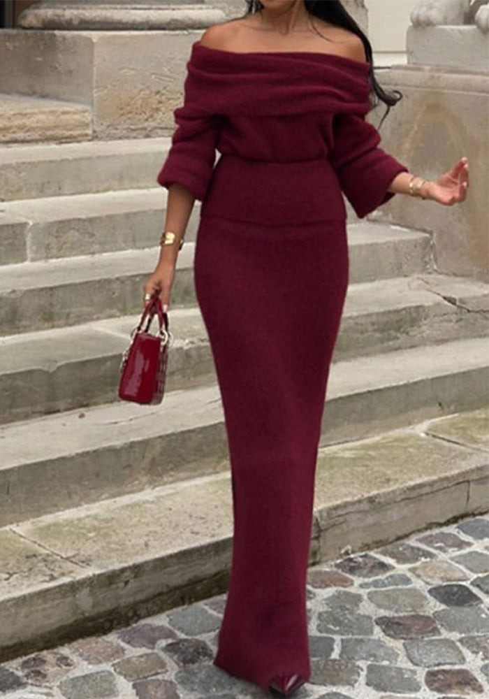 Burgunry Off-Shoulder Slim Long-Sleeved Knitting Long Dress