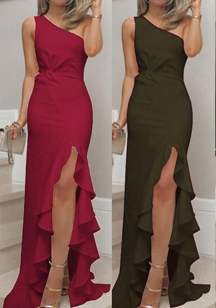 Women Solid Color Split Ruffled Evening Gown Elegant Party Dress