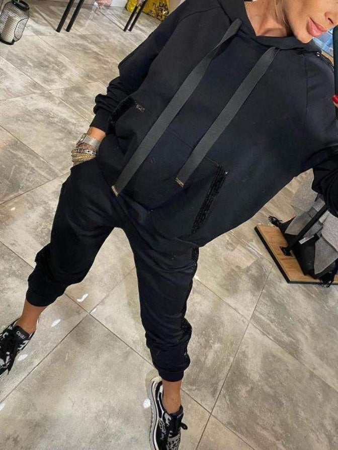 Women Casual Solid Patchwork Sequin Hoodies and Pant Two Piece Set 7