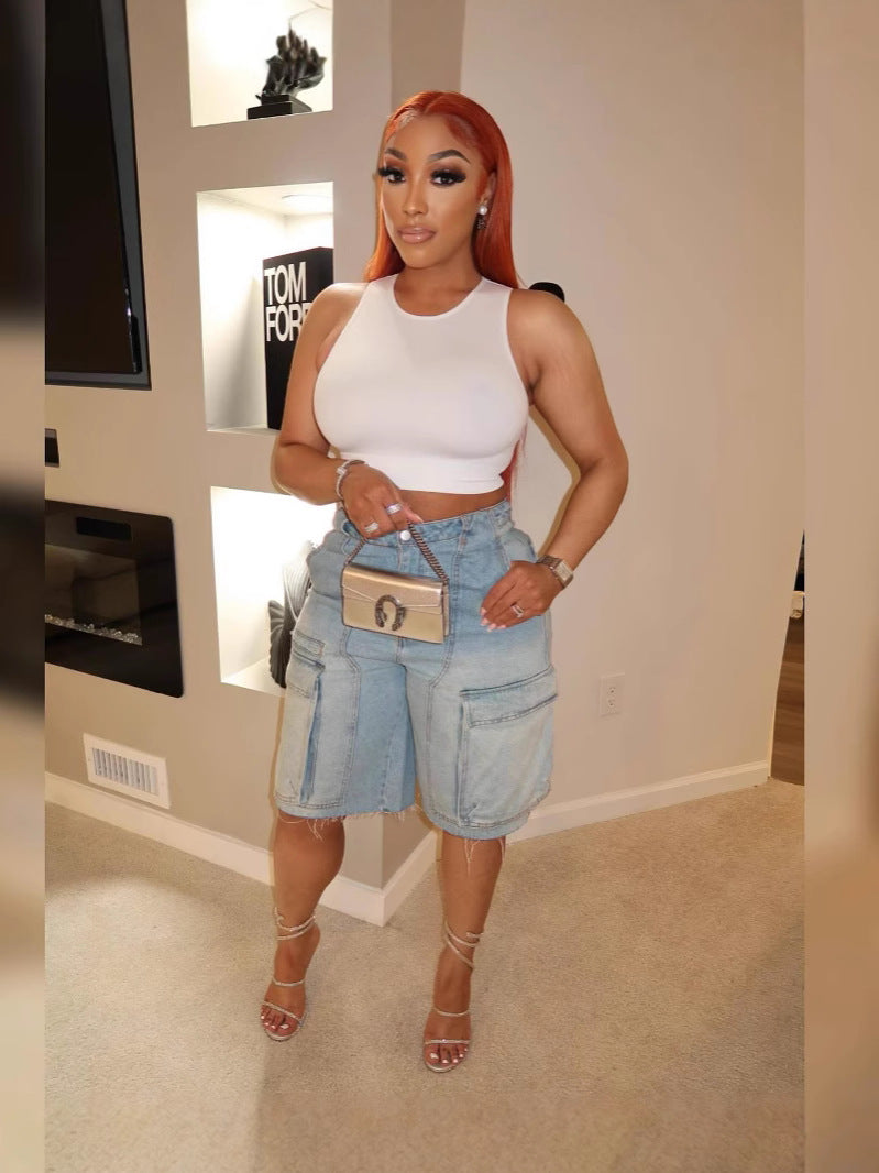 Women Retro Denim Knee-Length Cargo Shorts 5