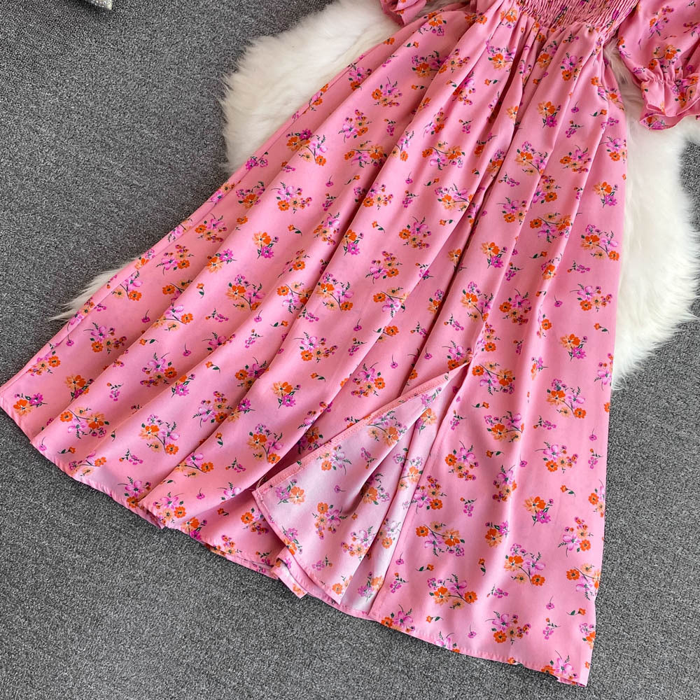 Women Summer French Square Neck Bubble Short Sleeve Slit Dress 28