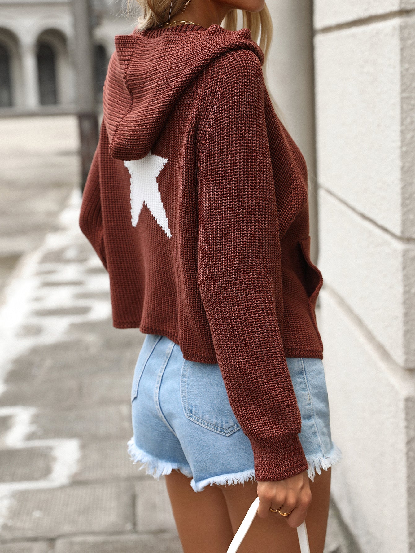 Women Autumn Winter Pullover Hooded Knitting Shirt Pocket Long Sleeve Five-Pointed Star Sweater 18