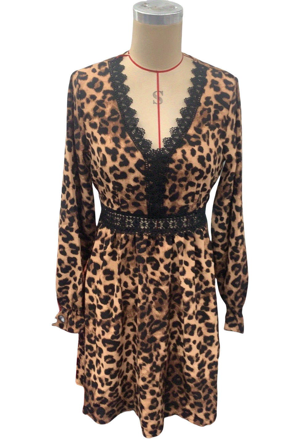 Women French V-Neck Leopard Print Long Sleeve Lace Long Sleeve Dress 10