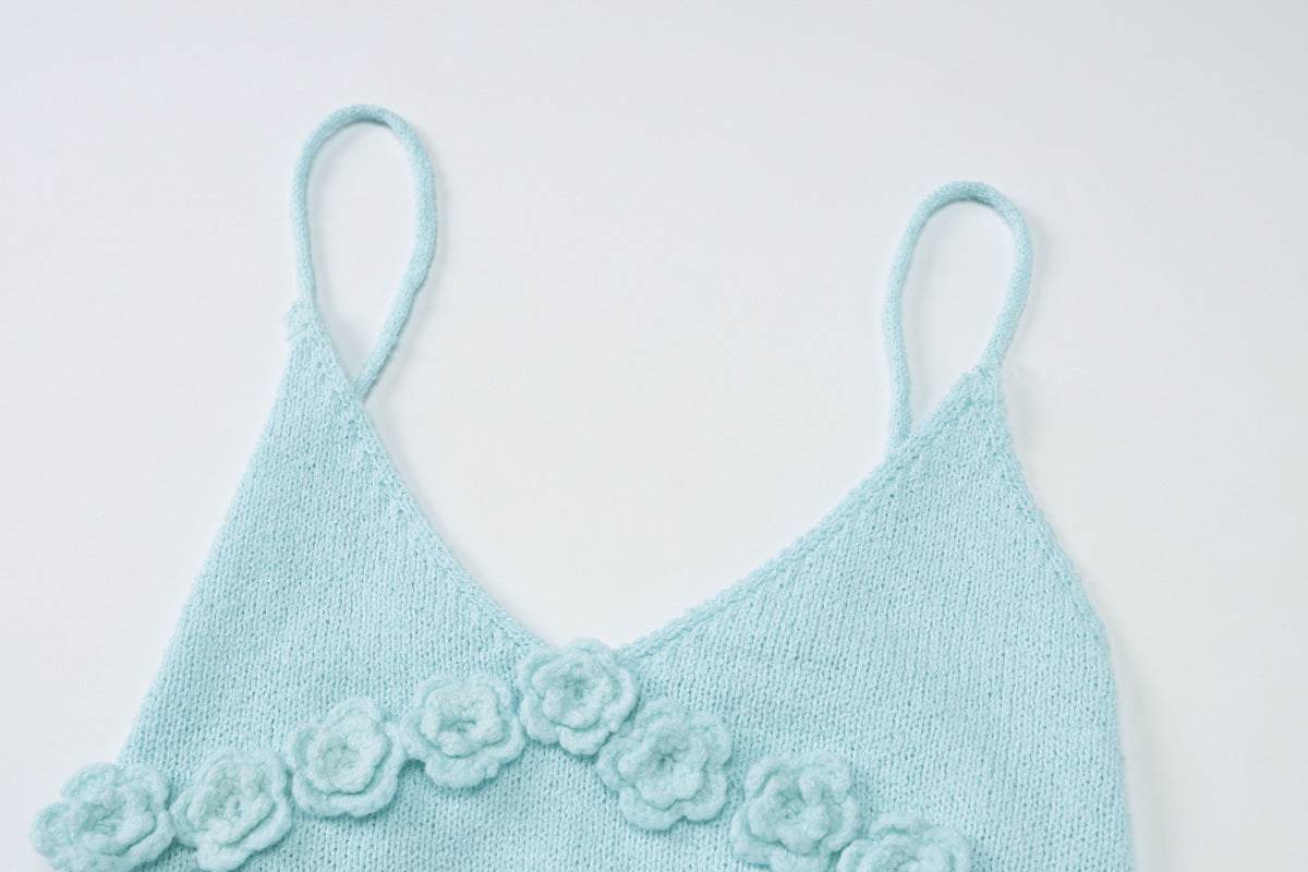 Women Summer Style Flower V-Neck Knitting Strap Dress 9