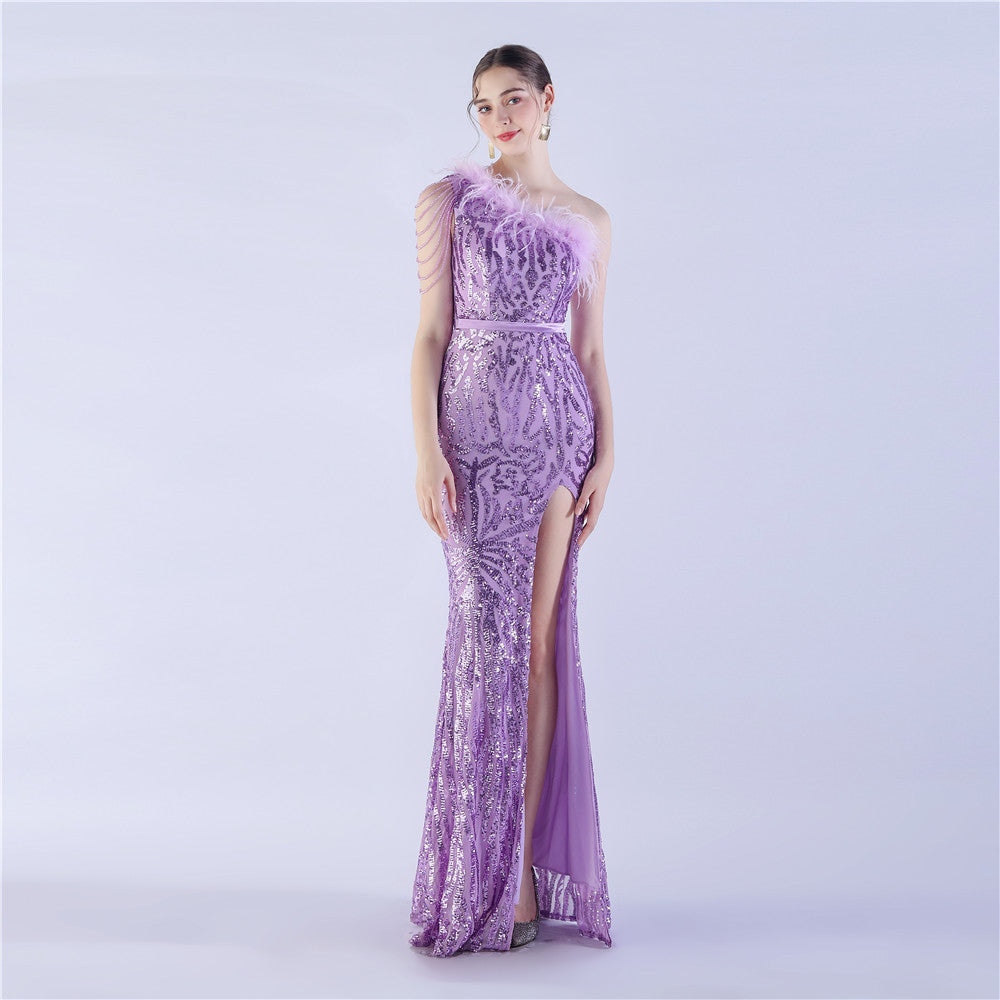 Women Elegant Beaded Ostrich Feather Slash Shoulder One Shoulder Formal Party Evening Dress 15