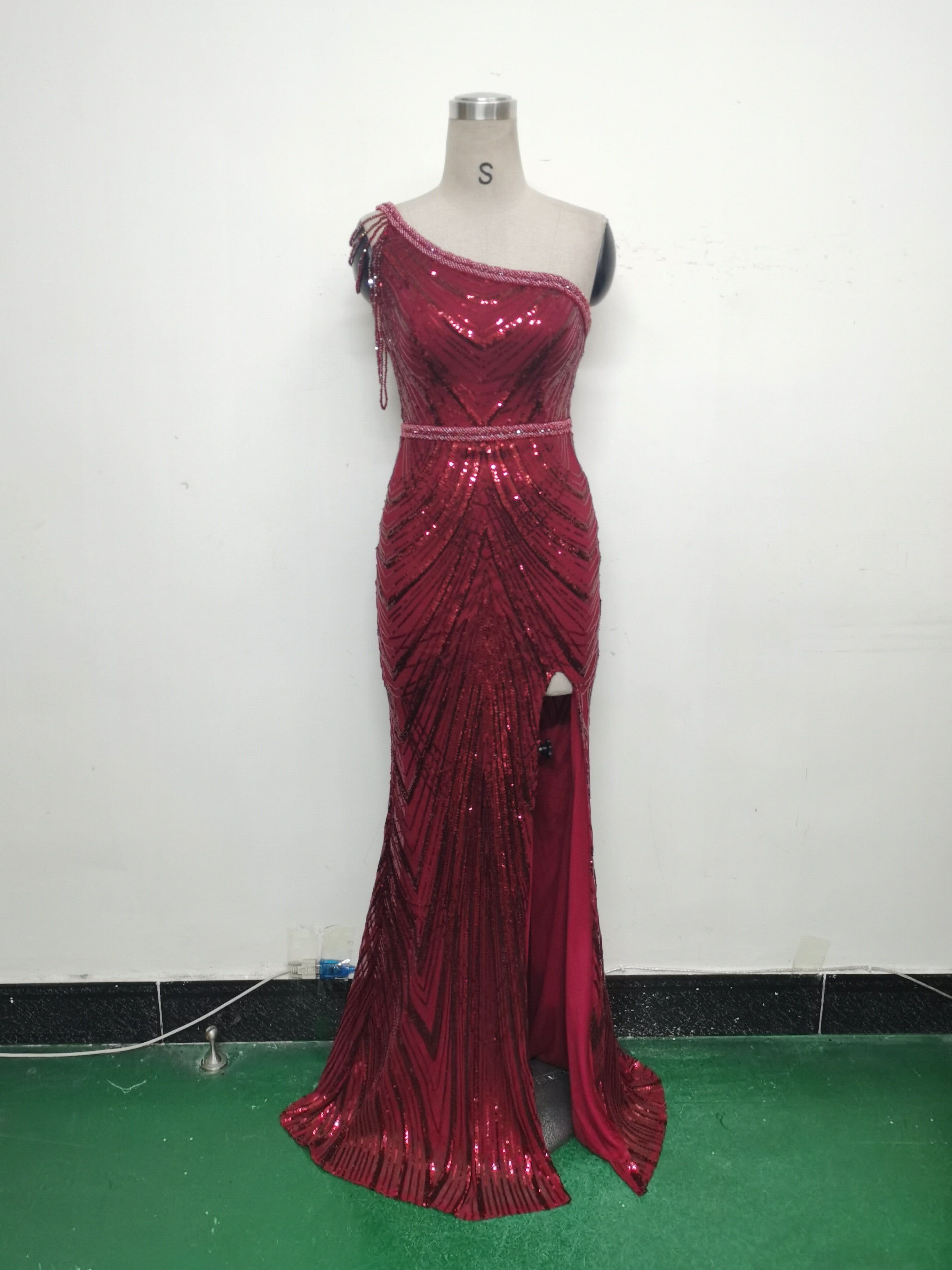 Women Flower Sequin Beaded One-shoulder Slash Shoulder Split Evening Dress 28