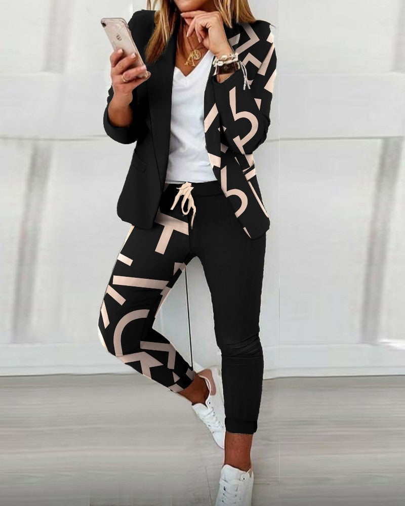 Autumn Winter Fashion Printed Long Sleeve Casual Blazer Pants Career Women Two Piece Suit 10