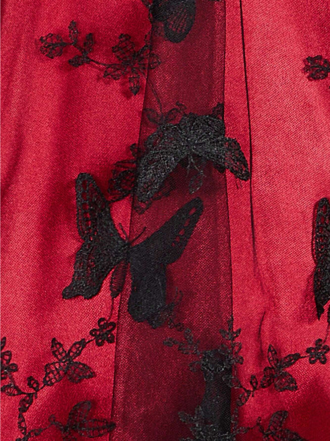 Sleeveless Butterfly Embroidery Chic Evening Dress Patchwork Contrast Red Party Gown 6