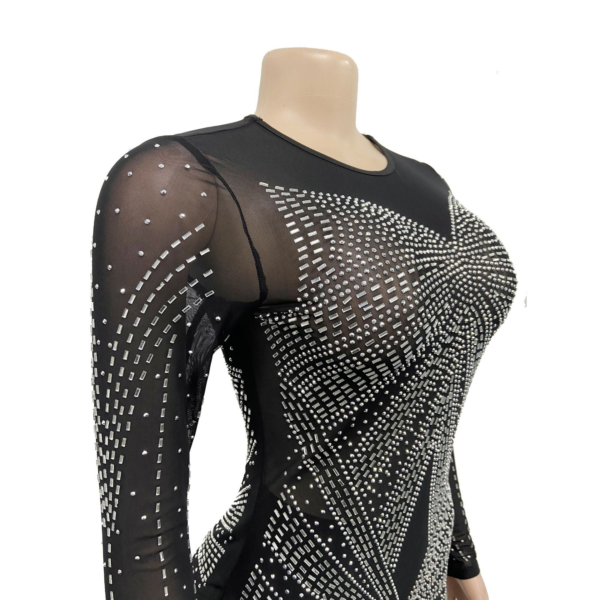 Women Solid Color Mesh See-Through Beaded Long Sleeve Maxi Dress 13