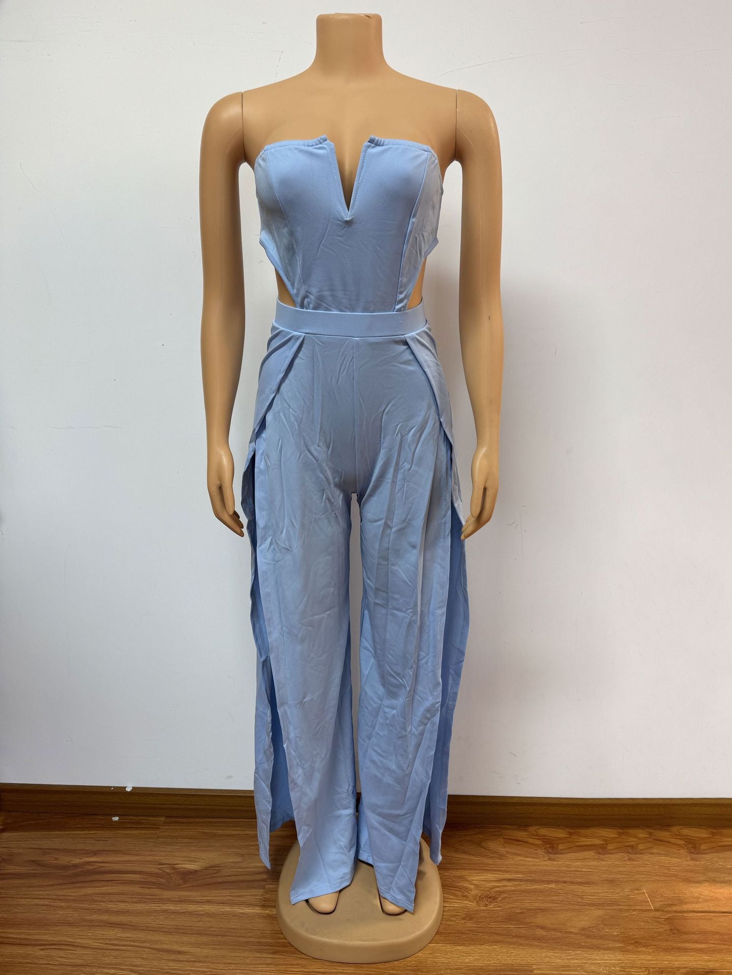 Women V-neck hollow backless patchwork split jumpsuit