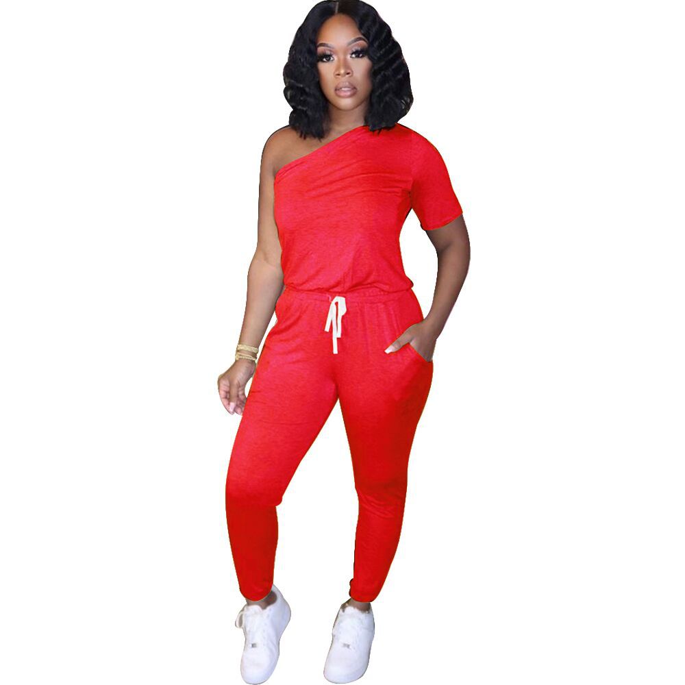 Sexy Women's Slash Shoulder Half Sleeve Solid Color Slim Fit Women's Sports Jumpsuit 12