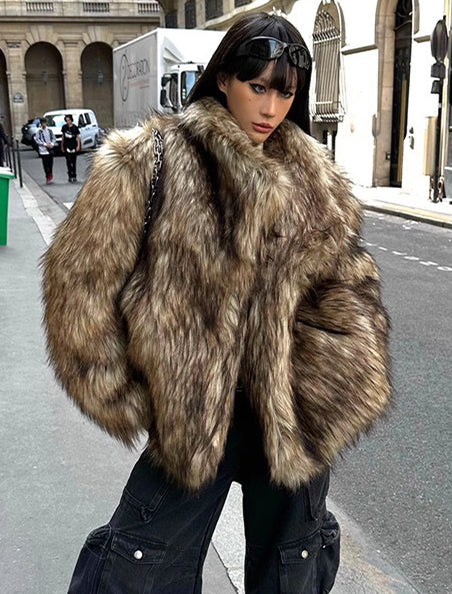 Women's Fur Coat Brown Turndown Collar Environmentally Warm Coat