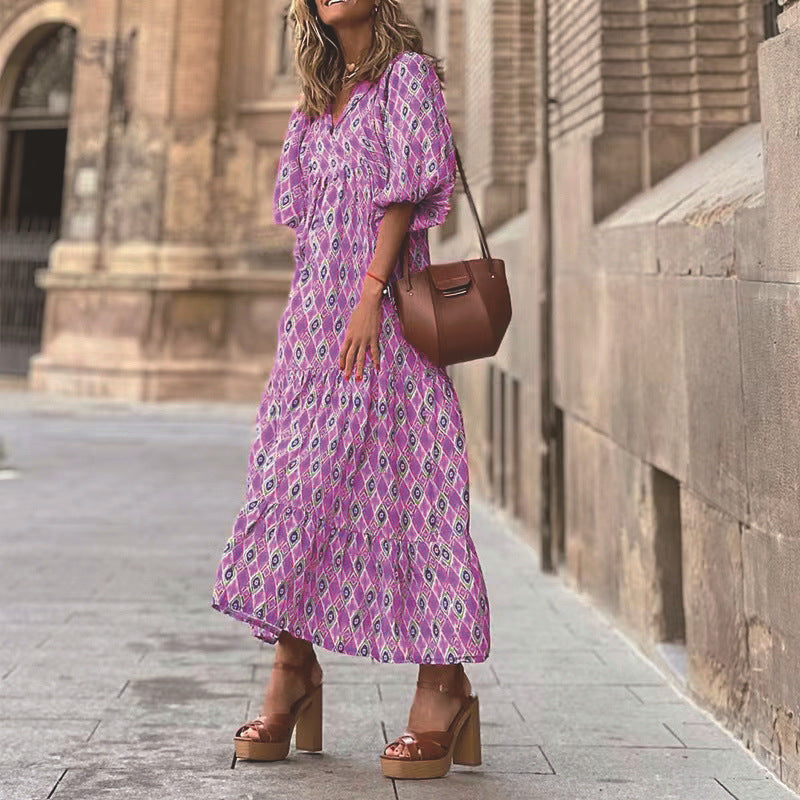 Women Summer Geometric Patch Puff Sleeve Dress 43