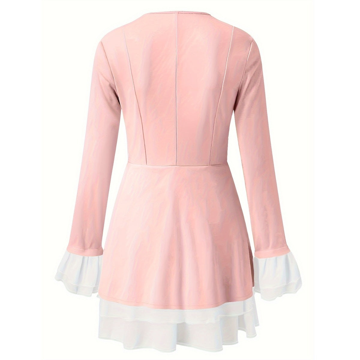 Women Casual Sexy V Neck Button Ruffle Patchwork Long Sleeve Dress 4