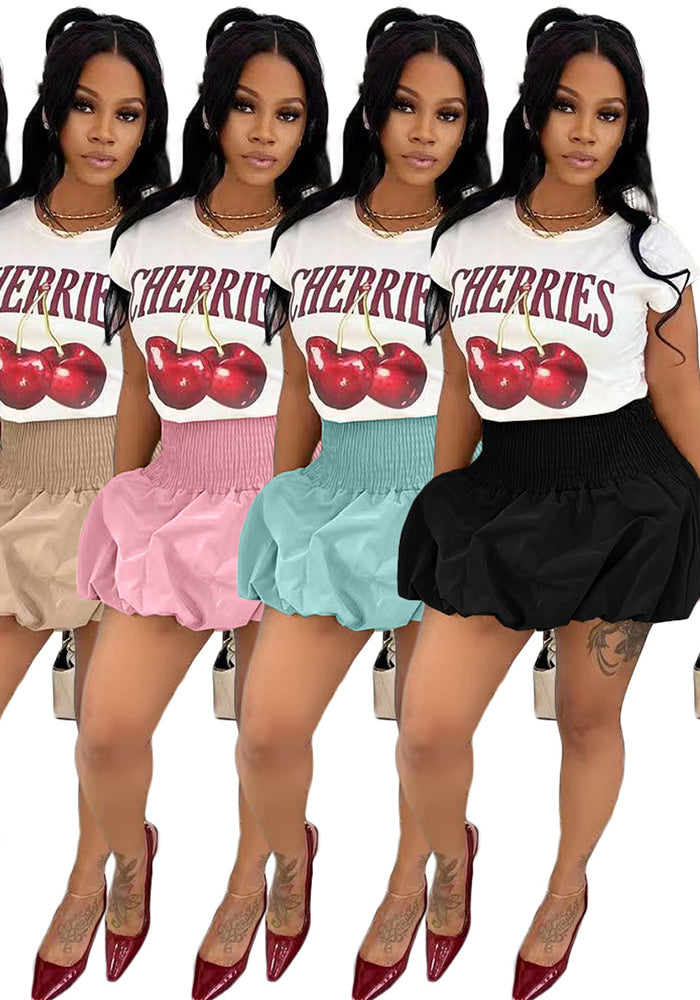 Solid Bubble Pleated Elastic High Waist Mini Skirt