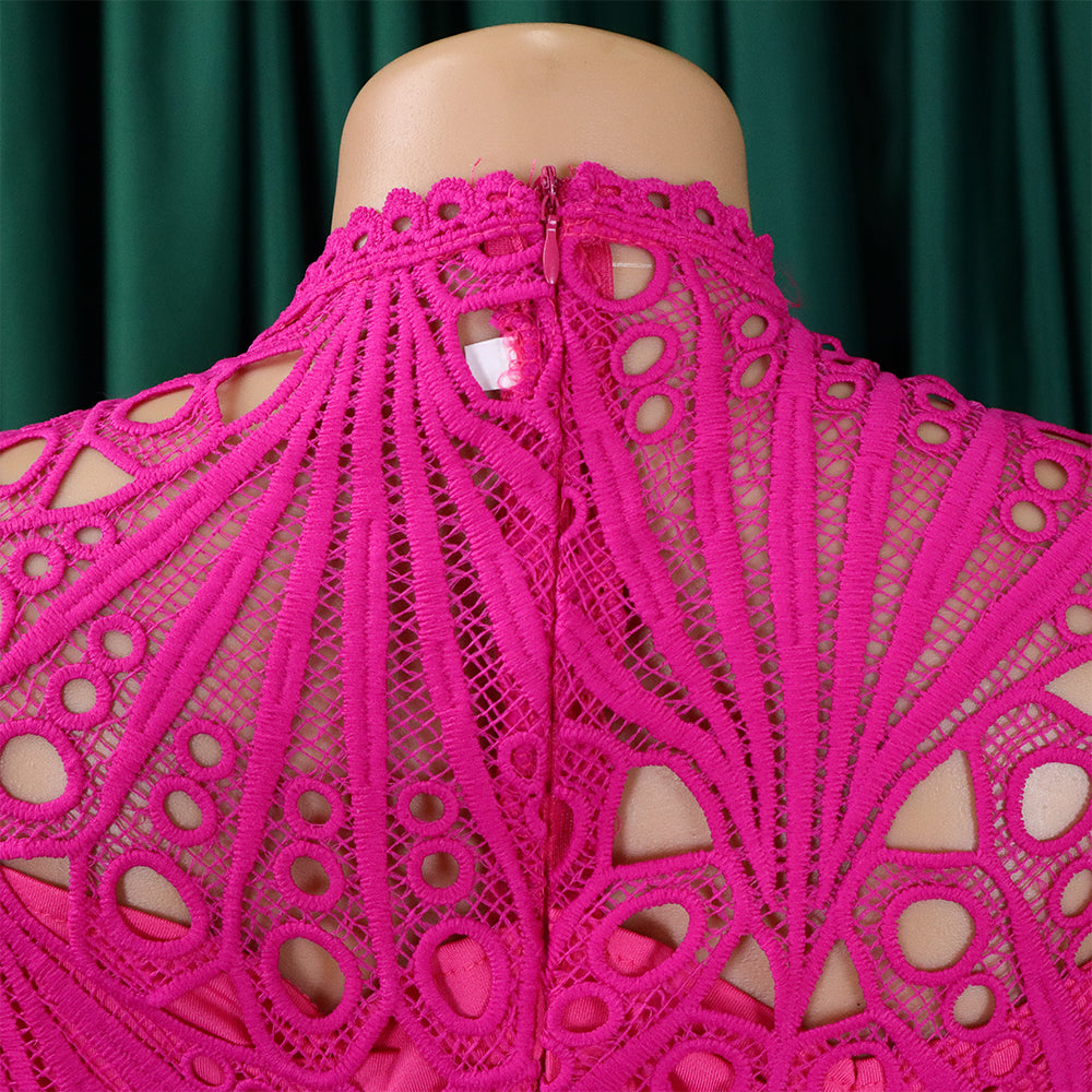 Women'S Chic Solid Color Lace Crochet Cutout Pleated Dress 19